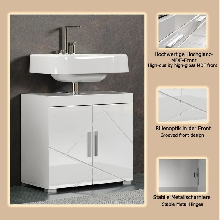 trendteam smart living - Amanda - Waschbeckenunterschrank - Weiß/Weiß Hochglanz - Unterschrank für das Badezimmer mit 2 Türen und 1 Einlegeboden - (BxHxT) 60 x 56 x 34 cm - Moderner Stil – Bild 2