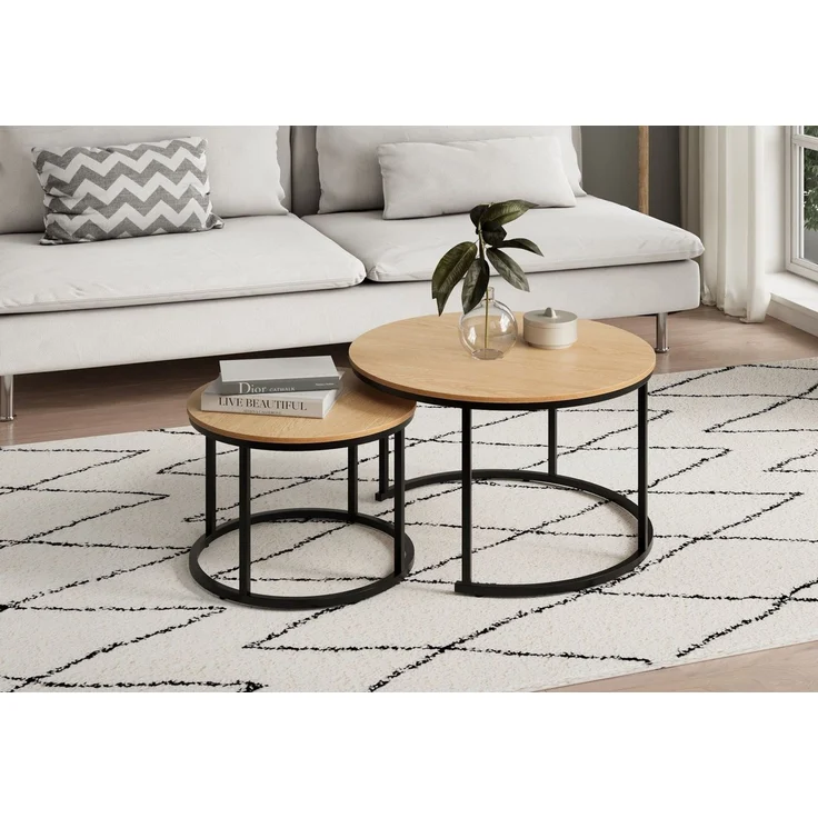 Home Collective Couchtisch Kleiner 2er Set aus Holz, Wohnzimmertisch Modern (Beistelltisch Set 2 in 1 mit Metallgestell, Büro Beistelltisch Loft Design TWIN, kratzfeste Oberfläche, Set 2 in 1), Rund in Eiche hell, für Wohnzimmer – Bild 5