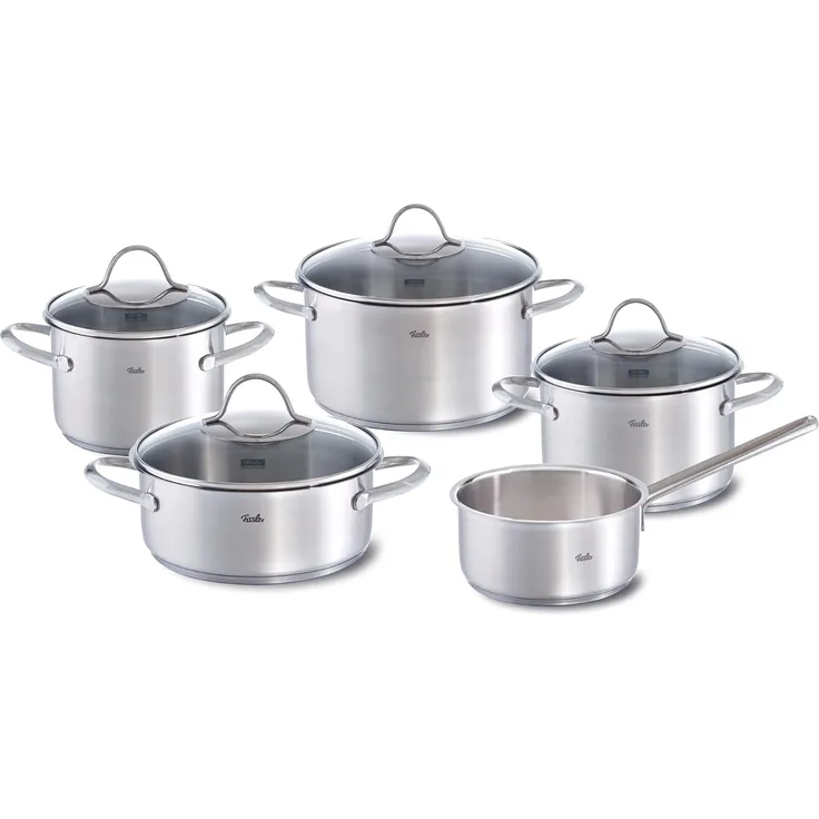 Fissler Topf-Set Palermo, Edelstahl 18/10 (Set, 9-tlg, Kochtopf 16/20/24cm, Bratentopf 20cm,Stielkasserolle ohne Deckel), geeignet für Induktion, breiter Schüttrand