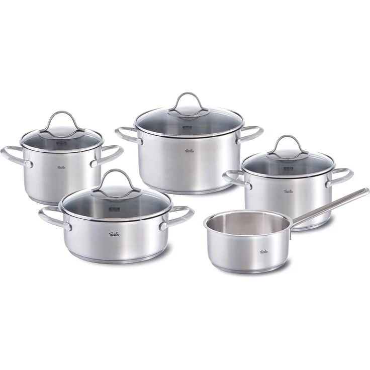 Fissler Topf-Set Palermo, Edelstahl 18/10 (Set, 9-tlg, Kochtopf 16/20/24cm, Bratentopf 20cm,Stielkasserolle ohne Deckel), geeignet für Induktion, breiter Schüttrand – Bild 1