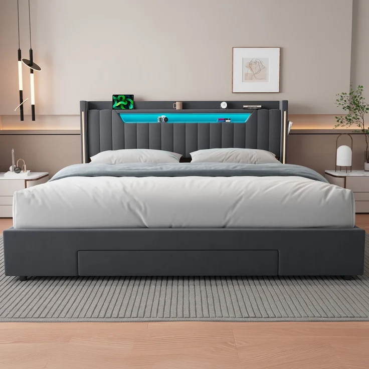 Polsterbett 180x200 cm mit LED-Beleuchtung, Stauraum und Schublade – Ohne Matratze – Bild 9