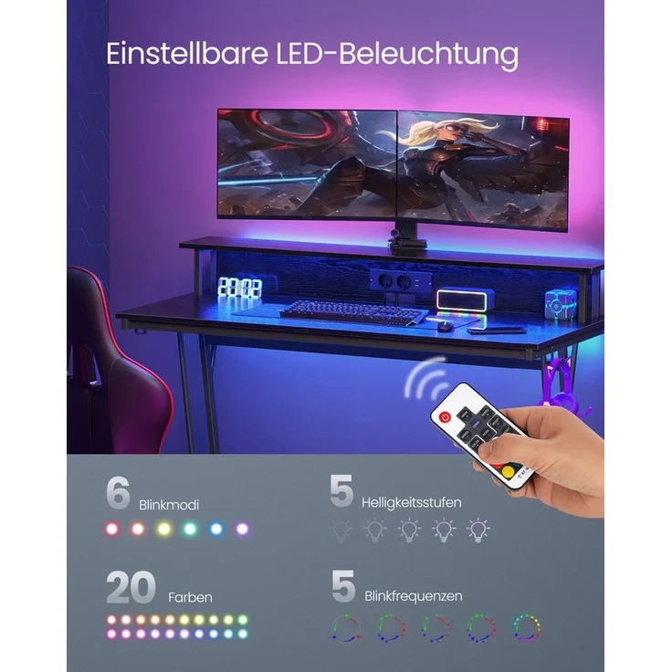 Vasagle Schreibtisch, Gaming Tisch mit eingebauter Steckdosenleiste, Computertisch, mit Monitorständer für 2 Monitore, Schlafzimmer, 55 x 135 x 76 cm, ebenholzschwarz LWD117B01 – Bild 3