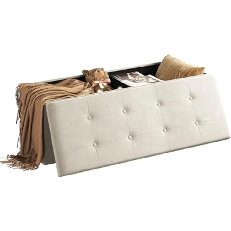 WOLTU Sitzhocker mit Stauraum Sitzbank faltbar Truhen Aufbewahrungsbox, Deckel abnehmbar, Gepolsterte Sitzfläche aus Samt, 110 x 37,5 x 38 cm, Cremeweiß, SH73cm – Bild 2