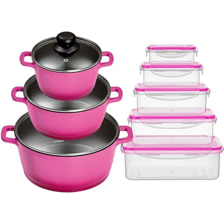 KING Topf-Set ALUGUSS, Aluminiumguss (Set, 16-tlg, je 1 Kochtopf mit Deckel 16/20/24 cm, 5 Vorratsdosen), Glasdeckel, Induktion,Keramikantihaftbeschichtung – Bild 2
