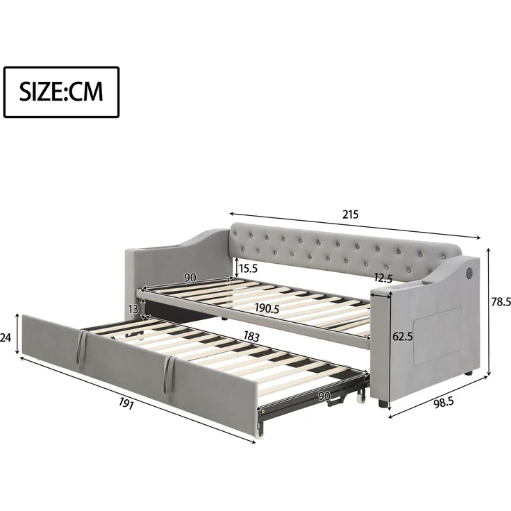Schlafsofa Samt mit Staufächern & USB-C, 90/180x190 cm grau – Ausziehbares Kingsize Bett, hydraulisch, Sofabett – Bild 10