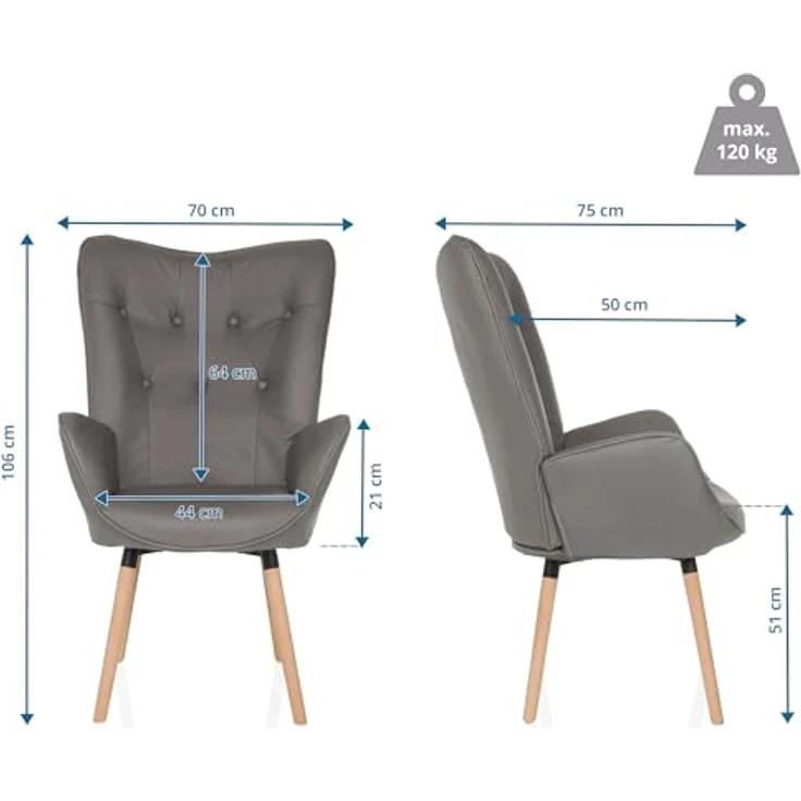 hjh LIVING Ohrensessel in Velour-Optik HAVENIO I Sessel für Wohnzimmer Schlafzimmer, Polsterstuhl mit Holzbeinen, Stoff Grau – Bild 4