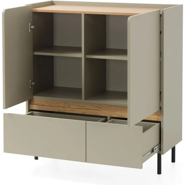 Beautysofa Kommode LICO mit 2 Schubladen, 2 Türen, 2 Regalböden (ideal für Jugendzimmer, Schlafzimmer, 95x40x105 cm), moderne Farben Sandbeige oder Eukalyptus – Bild 3