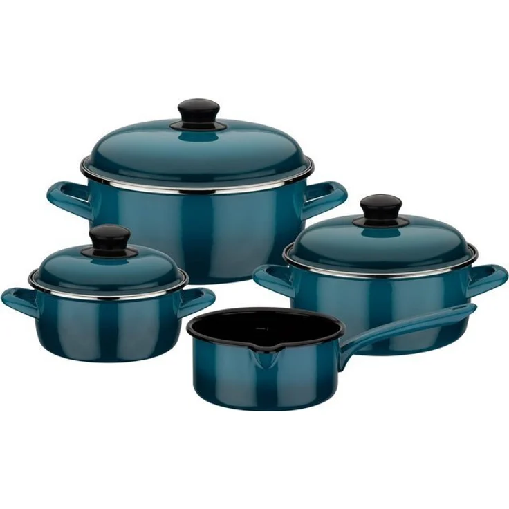 GSW Topf-Set Blue Shadow, Emaille (Set, 7-tlg, je 1 Kochtopf 16/20/24 cm, 1x Stielkasserolle 16 cm), Induktion – Bild 3