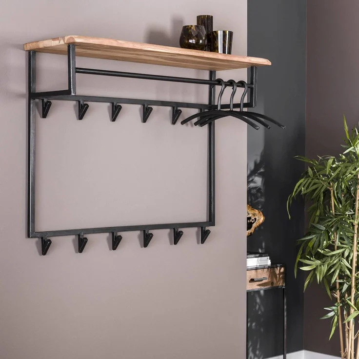 Garderobe Bord aus Akazie massiv, modern industriell, Natur, mit Hutablage, 12 Haken, Stange – Bild 2