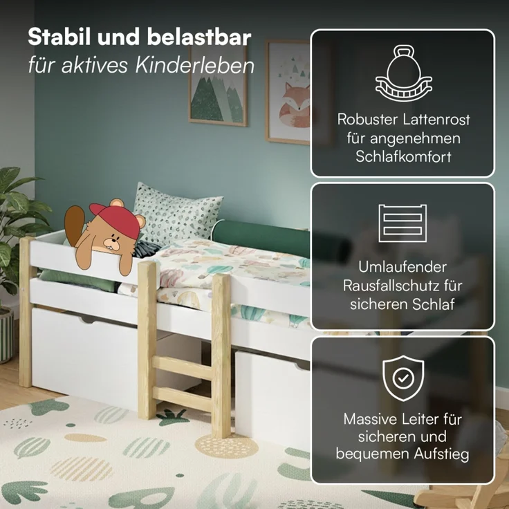 Bellabino 'Aspy' Halbhochbett 90x200 cm mit Leiter, weiß, Kinderbett mit 2 Schubladen, inkl. Rausfallschutz und Lattenrost – Bild 4