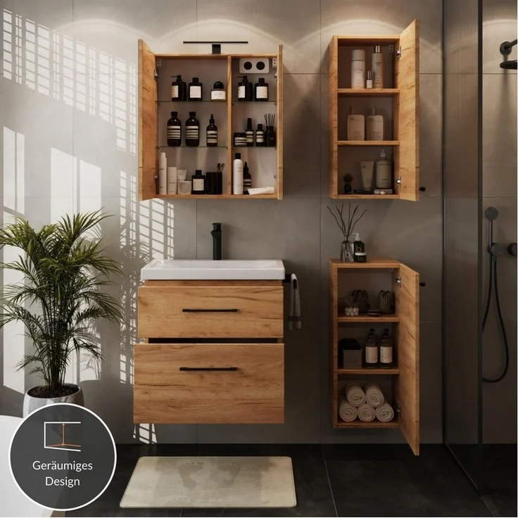 Planetmöbel Badmöbel-Set Badmöbel-Set mit Spiegelschrank 63cm und 2x Midischrank, (Waschbecken mit Unterschrank, Spiegelschrank Bad mit Beleuchtung) – Bild 3