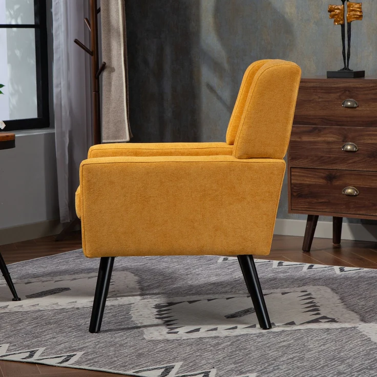 LVHOM Sessel aus Leinenstoff mit Knopfsteppung, Relaxsessel mit Massivholzbeinen, Polstersessel für Wohnzimmer & Büro, bis 130kg, Gelb – Bild 7