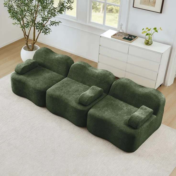 EINHOM 3-Sitzer Modulares Boneless Sofa aus 32D Hochdichtschaum, Wellenform mit tiefer Sitzfläche, bewegliches Armlehnenkissen, ideal für Wohnzimmer, Grün – Bild 4