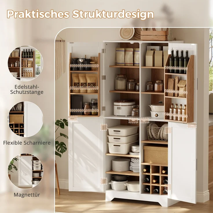 Küchenschrank, hoher Stauraumschrank mit 4 Scheunentor-Türen, Vorratsschrank mit Weinregal und Türregal, Aufbewahrungsschrank für Wohnzimmer und Esszimmer, 80 × 40× 180 cm – Bild 5
