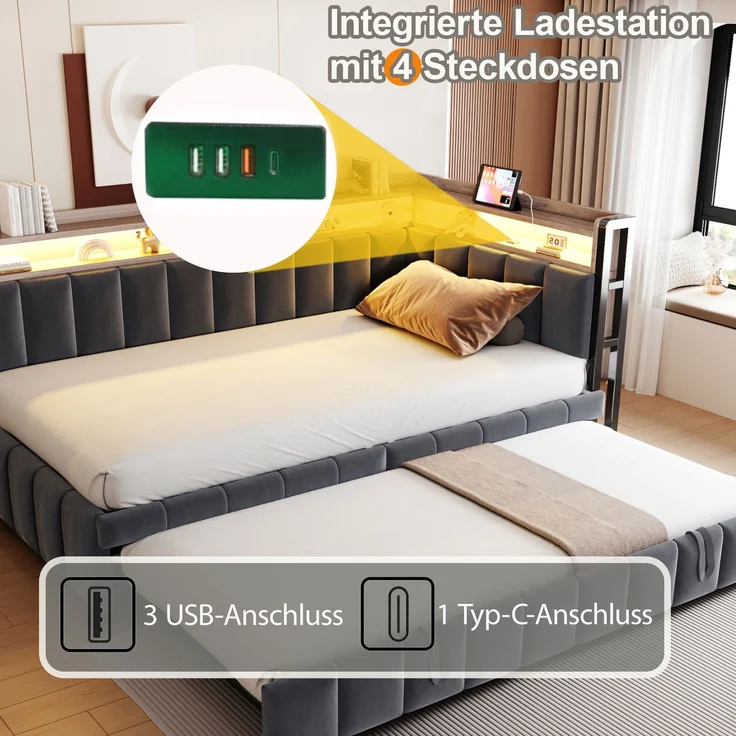 Ausziehbett mit Liegefläche 90×200 cm und Auszug 90×190 cm, LED, Dunkelgrau, ohne Matratze – Bild 6