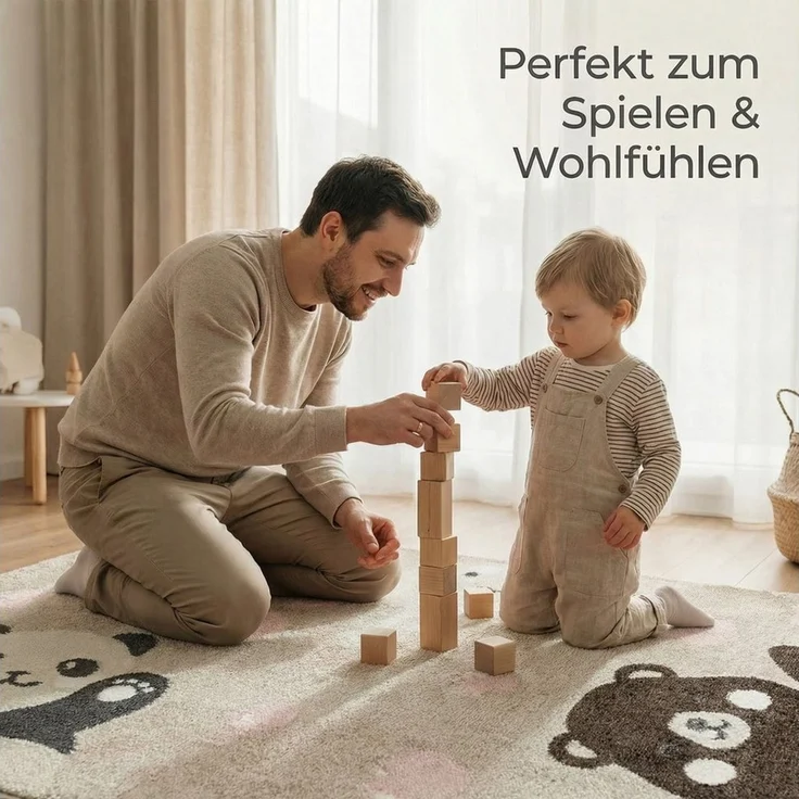 Jimri Teppich Kinderzimmer - Teppiche für Kinderzimmer, Kinderteppich, Kinderteppich Mädchen, Bär, Hase, Panda, Herz, (Beige, Größe: 160x230 cm) – Bild 3