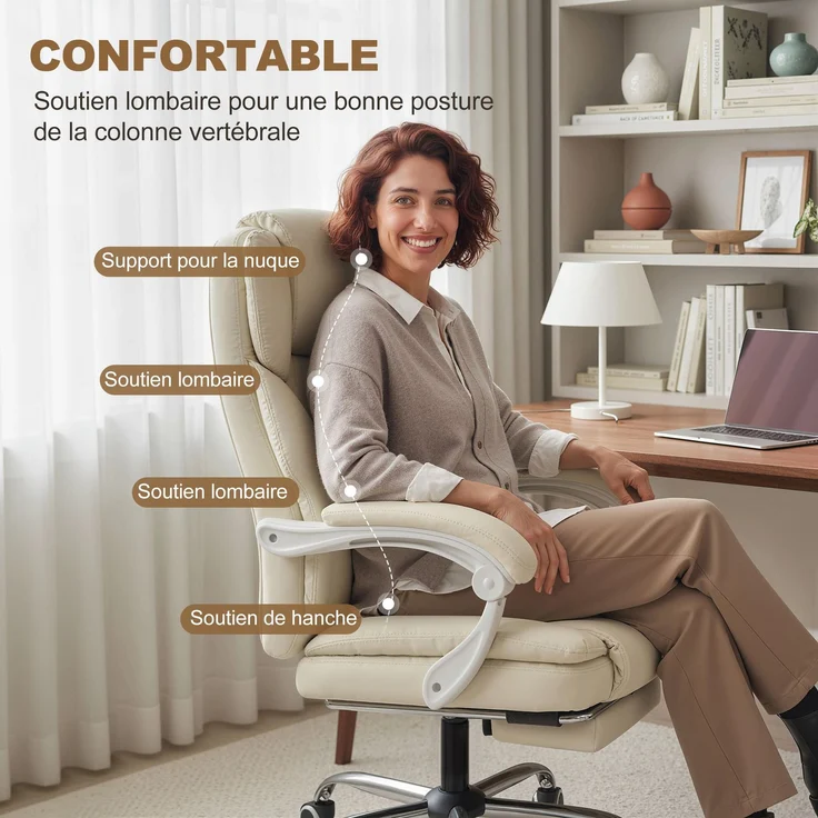 MELAYR, Ergonomischer Bürostuhl, Bürostuhl mit verstellbarer Rückenlehne, Höhenverstellbar, 64 x 73 x 112–120 cm, Beige – Bild 6