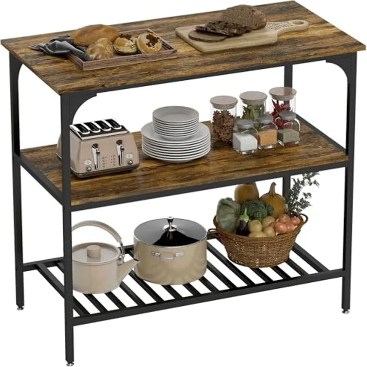 HOMCOM Küchenregal Industrielles Bäckerregal mit großer Arbeitsplatte, Stahlrahmen, 3-stufiges Standregal 1-tlg, für Esszimmer, Küche, Wohnzimmer, 100 x 50 x 90 cm, Rustikal-Braun – Bild 1