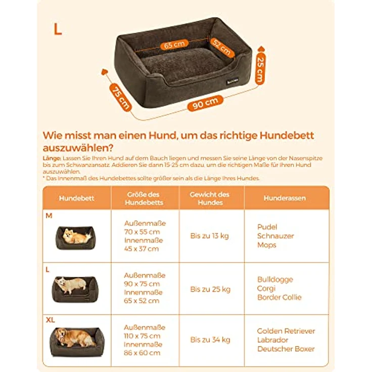 Feandrea Hundebett, Hundekissen in Leinenoptik, Hundekorb, erhöhte Ränder, rutschfeste Unterseite, Bezug abnehmbar waschbar, L, für mittelgroße Hunde, 90 x 75 x 25 cm, braun PGW11CC – Bild 6