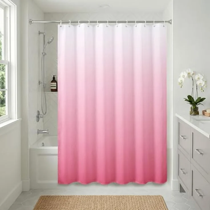 Americanflat Duschvorhang, 100% Polyester, wasserabweisend, mit Metallösen und 12 Duschvorhangringen, Farbverlauf, 180 x 180 cm, Rosa – Bild 2