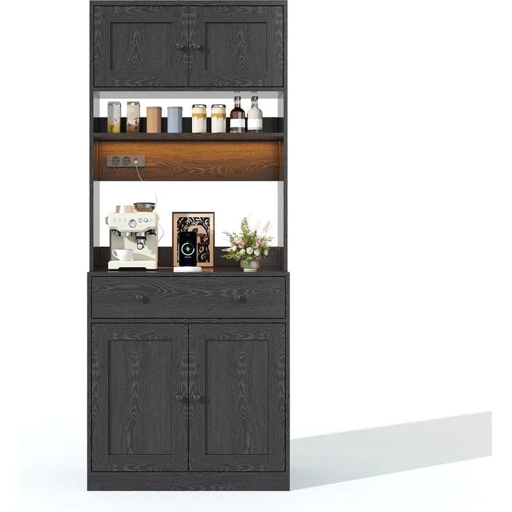 U-life Küchenschrank, fürs Wohnzimmer, Hochschrank mit LED, Küchenregal mit Steckdose, Gewürzregal, Durchdachtes Stauraumkonzept, MDF, Schwarz – Bild 5