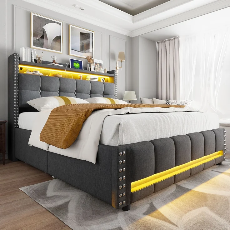 Polsterbett 140x200 mit LED-Beleuchtung, USB-Anschluss & Stauraum, graues Leinenbett mit Schublade,inklusive Taschenfederkern – Bild 6