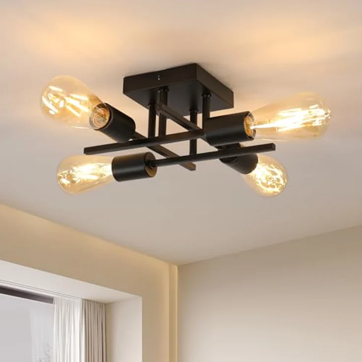 Goeco Deckenleuchte Vintage, Industrial Kronleuchter Lampe E27 4 Flammig Metall, Retro Deckenlampe Schwarz Pendelleuchte für Schlafzimmer, Wohnzimmer, Esszimmer, Küche – Bild 2