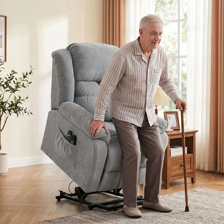 Wohnora-Aufstehsessel mit Massagefunktion und Lendenheizung, Recliner-Sessel mit Fernbedienungen und Seitentaschen, Hellgrau,H 1040cm x T 1020cm x B 920cm – Bild 2