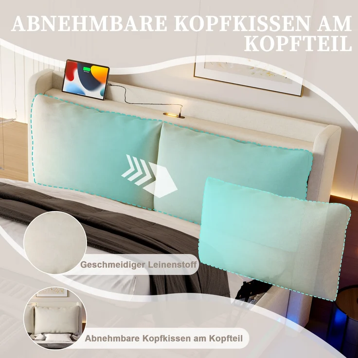 LVHOM Polsterbett 140x190cm mit LED&USB, Doppelbett mit Stauraum, Stauraumbett mit abnehmbaren Kissen, Bettgestell Massiv, Samtstoff, Beige – Bild 2