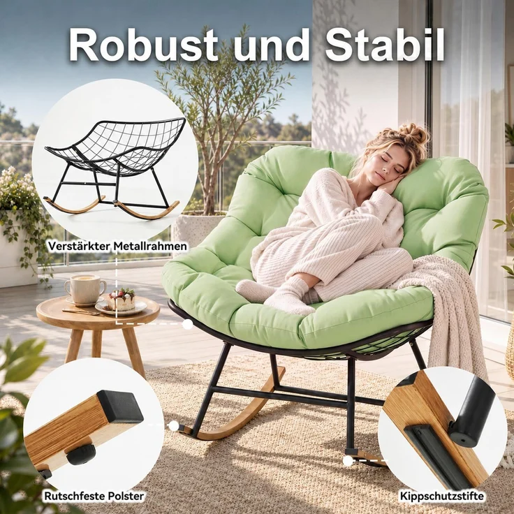 Aoxun Schaukelstuhl Outdoor,Schaukelsessel für Indoor,Relaxsessel Garten,92.5x 104x77.5cm, Wetterfester Gartenstuhl Bequem,bis 150KG, Grün – Bild 2