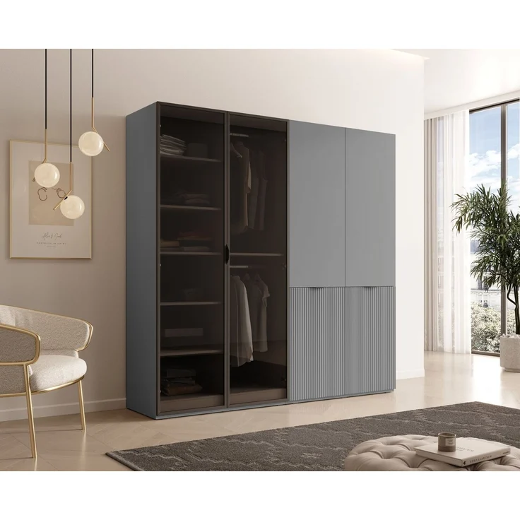 MOEBLO Drehtürenschrank MINEWRA ANTISOL 200 (Moderner Drehtürenschrank mit getönter Glasfront – viel Stauraum, verstellbare Einlegeböden & Kleiderstangen – robuster 4-türiger Kleiderschrank für Schlafzimmer und Garderobe) (BxHxT): 202 x 200 x 49 cm – Bild 1