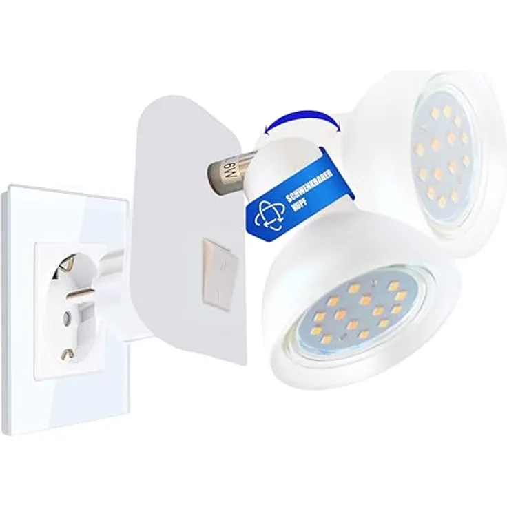 TRANGO LED Steckdosenleuchte, 11-046 LED Steckerlicht in weiß mit Lampenschirm aus Glas, Stecker-Nachtlicht inkl. 1x GU10 LED Leuchtmittel 3000K warmweiß & Ein/Aus, & Ein/Aus- Schalter Leselampe, Küchenlampe