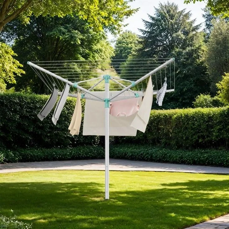 SONGMICS Wäschespinne, höhenverstellbarer, 50 m Wäscheleine, für 5 Waschladungen, draußen, silbern-grün – Bild 1