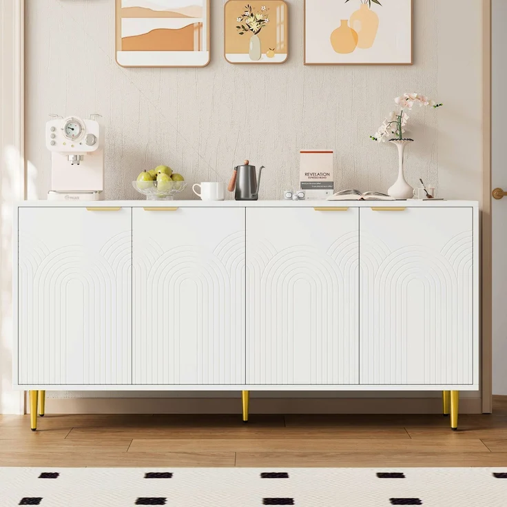 DESVIAE Sideboard mit 4 Türen und verstellbaren Einlegeböden 160x80x40 cm MDF/Spanplatte Weiß – Bild 2