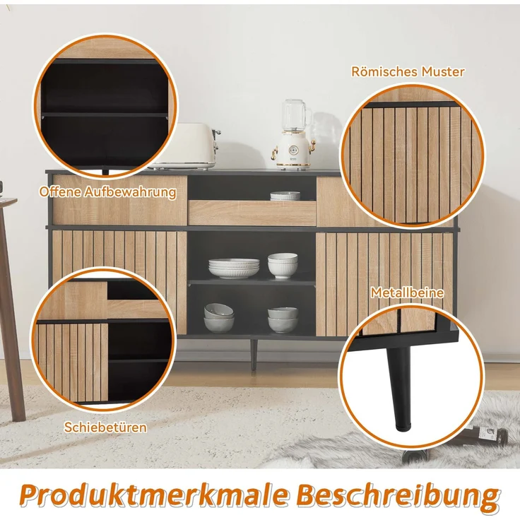 Schrank Eiche Natur und Schwarz, Sideboard mit Schiebetüren,verstellbare Regale,Sicherheits-Kippsicherung – Bild 7