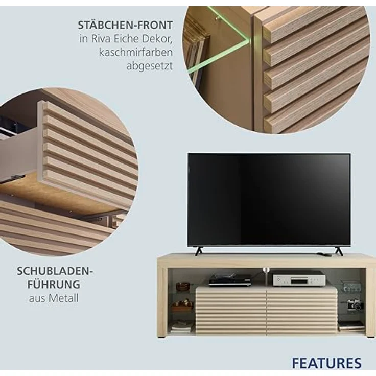 Goal 2 TV-Lowboard mit LED-Beleuchtung in Kaschmir, Riva Eiche Optik - TV Schrank mit viel Stauraum für Ihr Wohnzimmer - 179 x 67 x 44 cm (B/H/T) – Bild 5