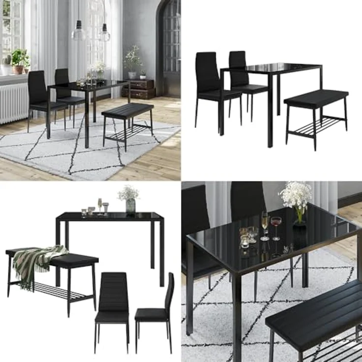 Vicco Esstisch-Set Grand, Schwarz, Rechteckiger Tisch 120x75x70 cm aus Glas und Metall mit Kunstlederbänken und Stühlen – Bild 8