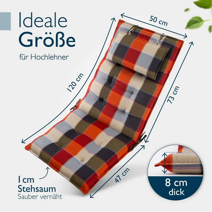 Beautissu Hochlehnerauflage Premium Hochlehner Auflage Kopfpolster Sun Sun-HL, 120x50cm, Beige, Mit Kopfpolster, rutschfest & robust – Befestigungsbänder, UV 5 – Bild 2