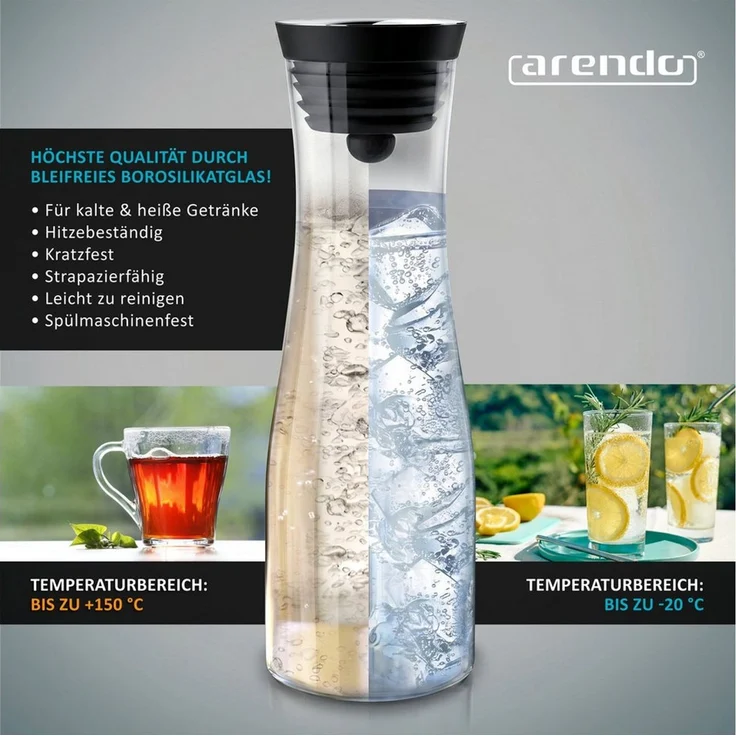 Arendo Karaffe Glaskaraffe 1700 ml mit Deckel, Wasserkaraffe mit Edelstahl Grobfilter, (1-tlg), Borosilikatglas, 1,7 L, Sieb, hitze- und kältebeständig, BPA-frei – Bild 3