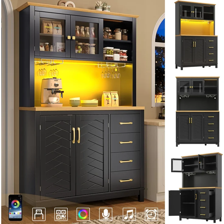 Buffetschrank aus MDF mit LED-Lichtleiste, 105,5x40x180 cm, Schwarz – Bild 2