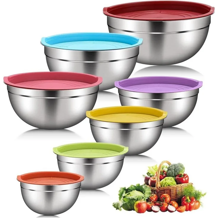SinLaw Schüssel 7 Edelstahlschalen mit farbigen Deckeln, Salatschüssel, Rührschüssel, (Stapelbar, um Speicherplatz zu reduzieren), Geeignet zum Kochen auf einer Vielzahl von Kochfeldern
