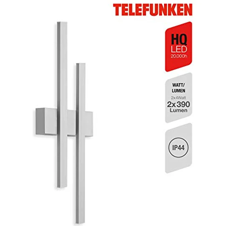 TELEFUNKEN LED Außenwandleuchte Graz, 2-flammig, 8 Watt, 780 Lumen, 4.000 Kelvin, IP44, Silber, 470x155x42mm – Bild 2