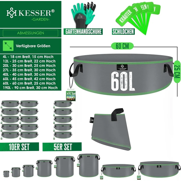 KESSER Pflanzkübel, Pflanzsäcke aus Vlies Kartoffel Pflanzsack Pflanztasche, 60L, 60x25 cm – Bild 6