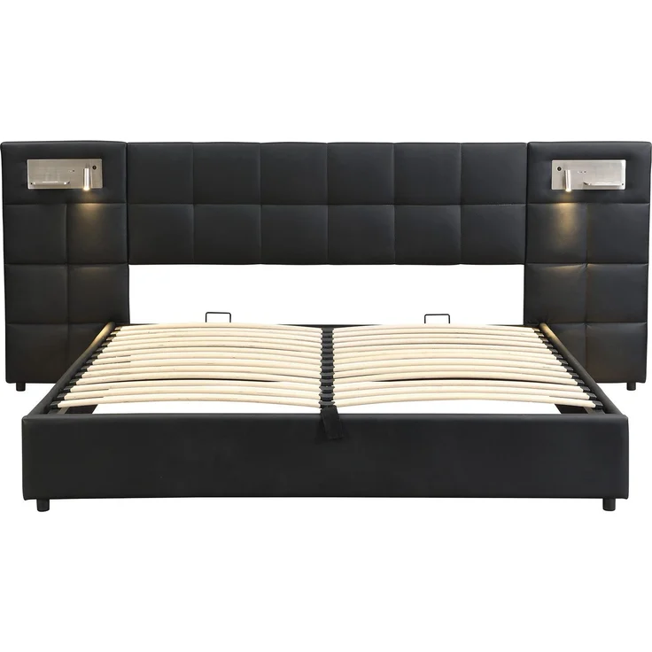 Polsterbett mit LED-Beleuchtung, Wireless Charger und Stauraum, extra breites Kopfteil mit Spots, Type-C und USB Anschlüssen, 180x200 cm, gepolsterter Kopfteil, Doppelbett, Stauraumbett, Kunstleder – Bild 6