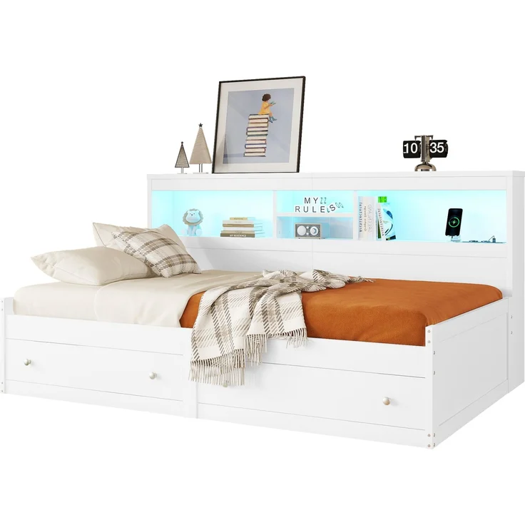 Merax Kinderbett LED Daybett Einzelbett 90x200cm mit Ladefunktion und 2 Schubladen, Weiß – Bild 10
