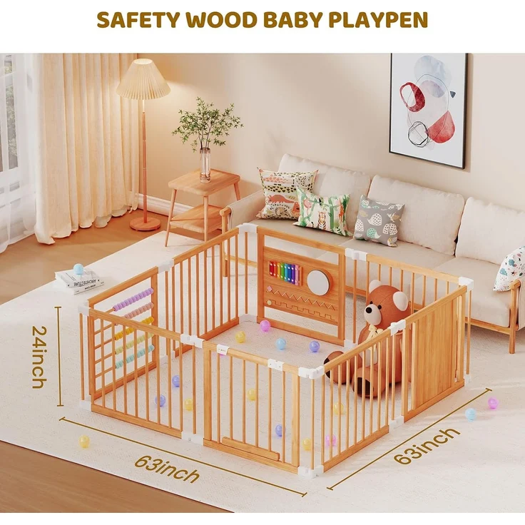 Laufstall Baby Holz mit Spielcenter–160 x 160 x 61 cm Verstellbare Größe & Form Laufgitter, Faltbarer Laufstall aus Holz, Spielzaun mit Tor für Babys und Kleinkinder – Bild 2