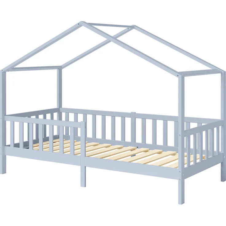 Bellabino 'Bia' Hausbett 90x200 cm mit Matratze, blau, Kiefer Massivholz, Bodenbett in Hausoptik, Montessori Kinderbett mit Rausfallschutz und Lattenrost – Bild 2