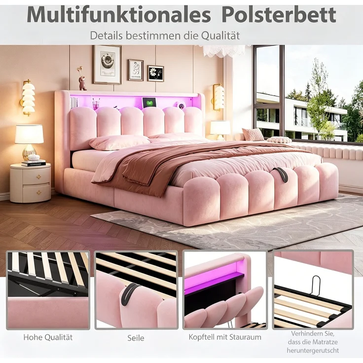 Polsterbett 180×200 cm mit hydraulischem Bettkasten, LED & USB/Typ-C, Rosa, ohne Matratze – Bild 6