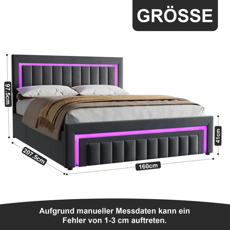 Polsterbett 160x200 cm mit LED-Beleuchtung, Samtbezug und Schubladen, Dunkelgrau – Ohne Matratze – Bild 4