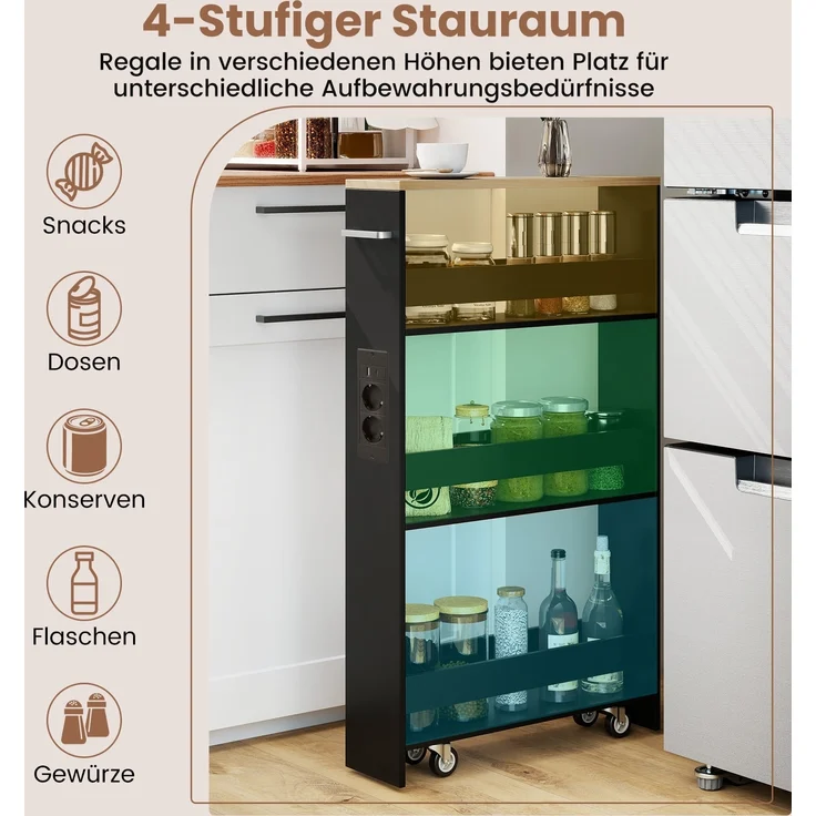 13 cm schlanker Aufbewahrungswagen mit Ladestation 4-stufiger rollbarer Küchenwagen mit Griff Schwarz – Bild 5